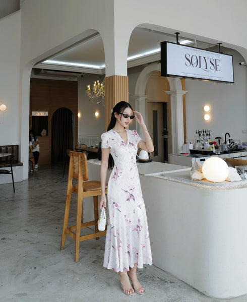 V-Neck Short Sleeves flare Long Dress